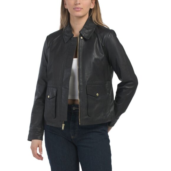 COLE HAAN Black Genuine Lambskin Leather Patch Pocket Jacket